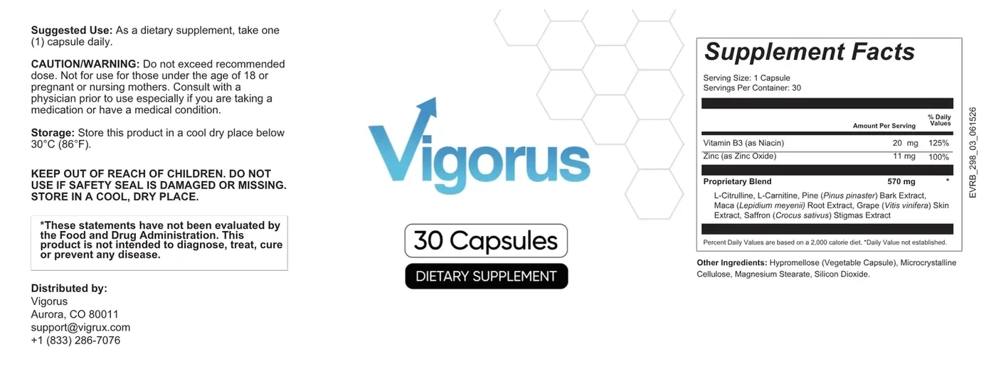 Full Vigorus label: suggested use, caution, storage, distributor, Supplement Facts and other ingredients