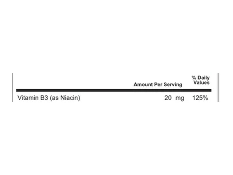 Label line: Vitamin B3 as niacin, 20 mg, 125% Daily Value